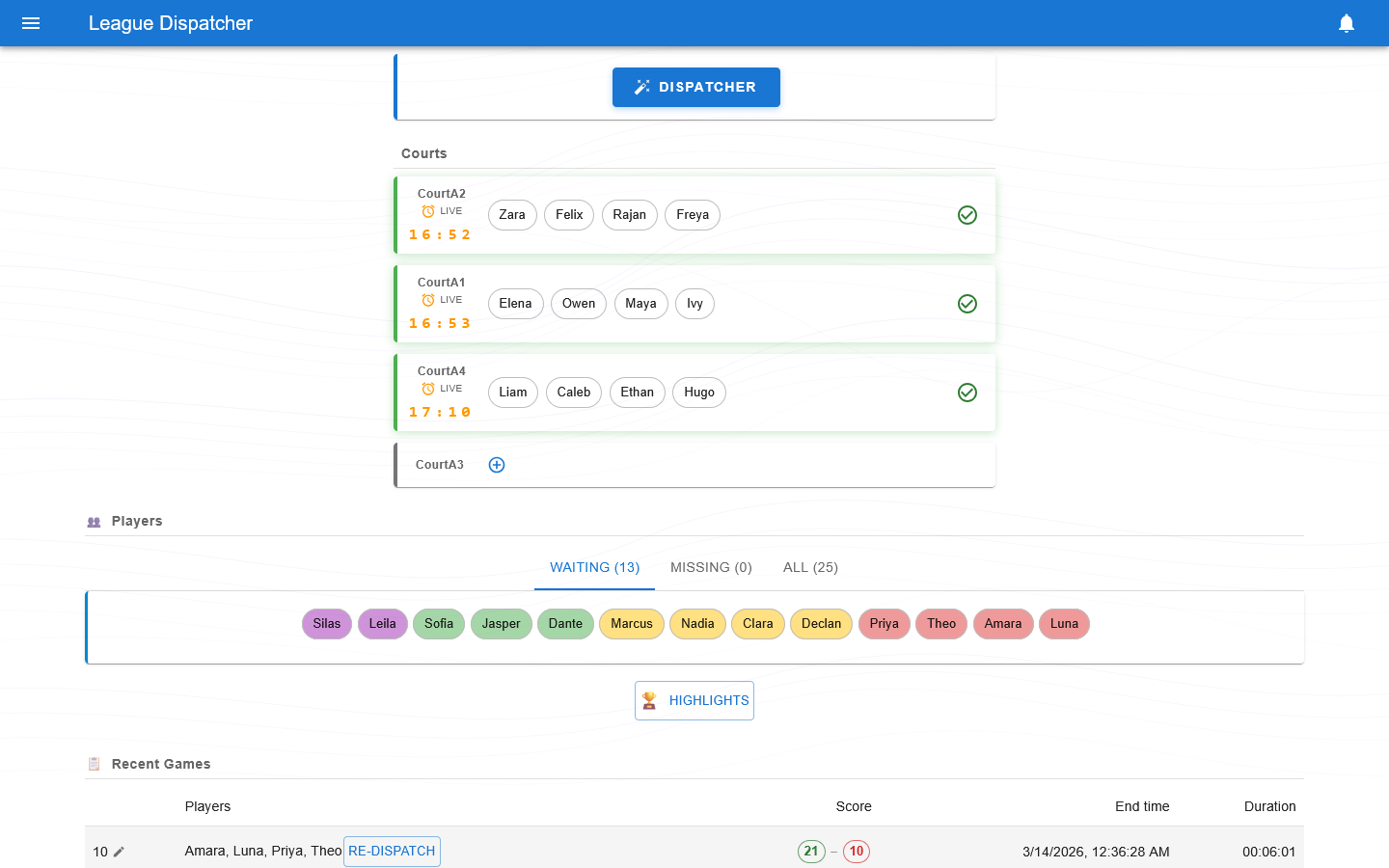 League Dispatcher Dashboard